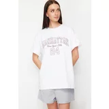 Trendyol White Motto Printed Oversize/Wide Fit Knitted Shorts&T-shirt Suit