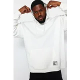 Trendyol Ecru Men's Plus Size Basic Comfy Hoodie with Labels and a Soft Pile Cotton Sweatshirt.