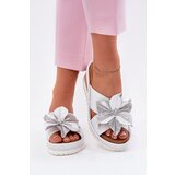 ARTIKER Leather Women's Slippers On Wedge With Decorative Flower White-Silver | shoptok.hr