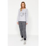 Trendyol Gray Slogan Detailed Tshirt-Jogger Knitted Pajamas Set Cene
