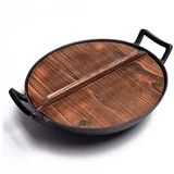Cast Iron wok s integrisanim ručkama i drvenim poklopcem, 36 cm