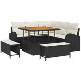 vidaXL 8-dijelni set vrtnog namještaja s jastučićima crni poli ratan akacija, 2-sjedala vrtna sofa s jastučićima crni poli ratan, 3-dijelni vrtni set za blagovanje s jastučićima crni poli ratan akacija | shoptok.hr