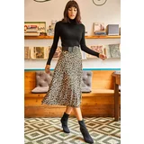 Olalook Women's Mink Leopard A-Line Skirt with Elastic Waist, Suede Textured