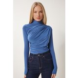  Women's Indigo Blue Gathered Detailed High Neck Sandy Blouse | Shoptok.si