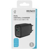 Deltaco Kućni punjač s 1x USB-A 18 W i 1x USB-C PD 20 W, Crni | shoptok.hr