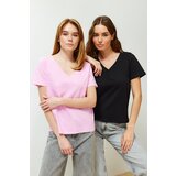 Trendyol black-pink pack 100% cotton v-neck knitted t-shirt Cene