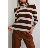BİKELİFE Women's Brown Striped Soft Textured Lycra Basic Knitwear Sweater Cene