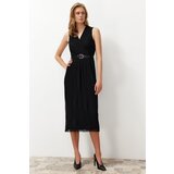 Trendyol black pleated double breasted collar chiffon lined midi woven dress Cene