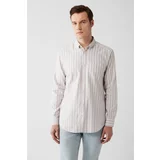 Avva Men's Beige 100% Cotton Oxford Buttoned Collar Striped Standard Fit Regular Cut Shirt