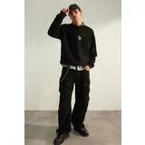 Trendyol Black Men's Oversize Limited Edition Premium Zippered Stand Collar with Animal Embroidery Cotton Sweatshirt.