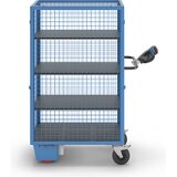 eurokraft pro Nivojski voziček z električnim pogonom, mrežasta stena za obešanje, 3 dodatni polici, svetlo modre barve | Shoptok.si