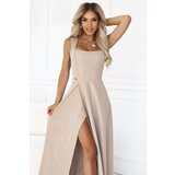 Numoco 633-1 AURELIA long dress with a slit and a diamond neckline - beige with glitter | Shoptok.si