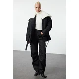 Trendyol Black Oversize Belted Puffer Jacket with Removable Plush Detail