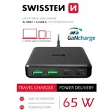 punjač GaN 2x USB-C + 2x USB-A, 45W PowerDelivery, crni