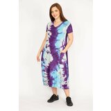 Şans Women's Purple Plus Size Tie Dye Pattern V-Neck Pocketed Dress Cene