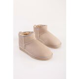 Shoeberry Women's Upps Beige Short Suede Flat Boots with Furry Inside Cene
