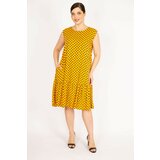 Şans Women's Yellow Plus Size Point Pattern Woven Viscose Fabric Skirt Layered Dress Cene