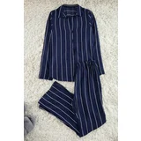 Trendyol Navy Blue Striped Slit Detailed Viscose Shirt-Pants Woven Pajama Set