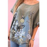 Kesi Włoski Women's cotton shirt with butterflies and flowers khaki | shoptok.hr
