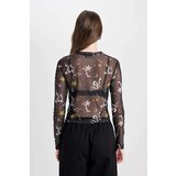 Defacto Women's Black Cool Fitted Body Patterned Tulle Short Sleeve T-Shirt | Shoptok.si