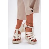 VINCEZA Lacquered Leather Women's Sandals On A Heel Light Beige 66621 | Shoptok.si