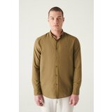 Avva Men's Khaki 100% Cotton Thin Soft Touch Buttoned Collar Long Sleeve Standard Fit Normal Cut Shirt Cene