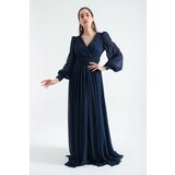 Lafaba Women's Navy Blue V-Neck Glittery Long Evening Dress cene