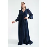 Lafaba Women's Navy Blue V-Neck Glittery Long Evening Dress