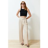 Trendyol Stone Hook and Loop Closure High Waist Pleated Wide Leg/Wide Cut Knitted Trousers Cene