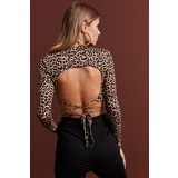 Cool & Sexy Women's Camel Backless Leopard Patterned Crop Blouse