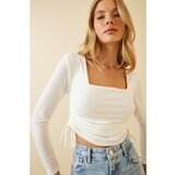 Happiness İstanbul Women's White Square Neck Pleated Sandy Knitted Blouse cene