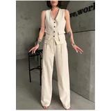 Laluvia Stone Color 100% Cotton Pocket Detailed Vest Trousers Gabardine Suit