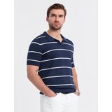 Ombre Men's horizontal striped polo shirt with viscose - navy blue and white | ePonuda.com