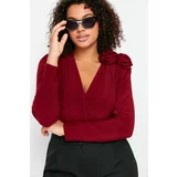 Trendyol Curve Burgundy Double Breasted Collar Accessory Bodysuit