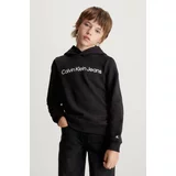 Calvin Klein Jeans Otroški bombažen pulover črna barva, s kapuco, IU0IU00601