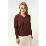 Lafaba Women's Brown V-Neck Knitwear Sweater Cene