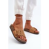 Kesi Women's eco-friendly suede slippers Camel Laeltia with buckle cene