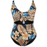 Trendyol Curve Blue Tropical Patterned Swimsuit with Tie Detail and Slimming Effect Cene