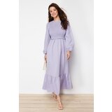 Trendyol Purple Gipe Detailed Crew Neck Woven Dress Cene