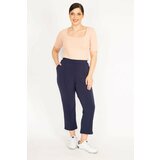 Şans Women's Navy Blue Large Size Trousers with Iron-On Marks, Grass Stitching, Elastic Waist and Side Pockets Cene