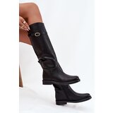 Boto Women's Flat Heel Boots with Strap and Gold Buckle Black Sylvena | Shoptok.si