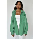 Madmext Green Oversize Basic Poplin Shirt with Pockets Cene
