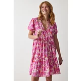 Happiness İstanbul Women's Pink Floral Summer Viscose Flared Dress