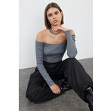 Trendyol Dark Gray Fitted Super Crop Carmen Collar Ribbed Stretch Knitted Blouse