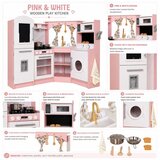 Ginger Home Velika kutna dječja drvena kuhinja s tekućom vodom, svjetlom i zvukom, ružičasta, 134x80x99 cm | shoptok.hr
