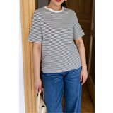 Laluvia Ecru-Black Striped Crew Neck Cotton T-Shirt cene