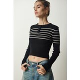 Happiness İstanbul Women's Black Cream Buttoned Collar Ribbed Crop Knitwear Blouse Cene
