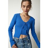  Women's Blue Corded Knitwear Crop Cardigan Suit | shoptok.hr