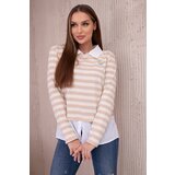 Kesi Striped cotton blouse with collar light beige+dark beige Cijene