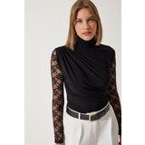  Women's Black Lace Sleeve Gathered Knitted Blouse | shoptok.hr